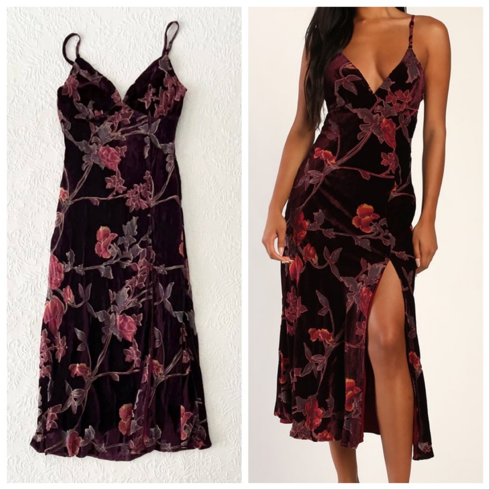 NWOT Lulus Divine Allure Burgundy Floral Burnout Velvet Midi Dress Large